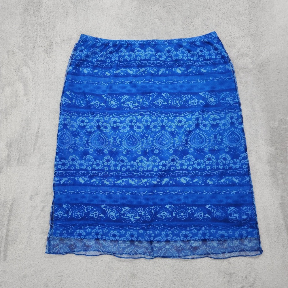 Vintage Sunfire Skirt Women M Blue Floral Stripe Pull On Lined Stretch Fairycore